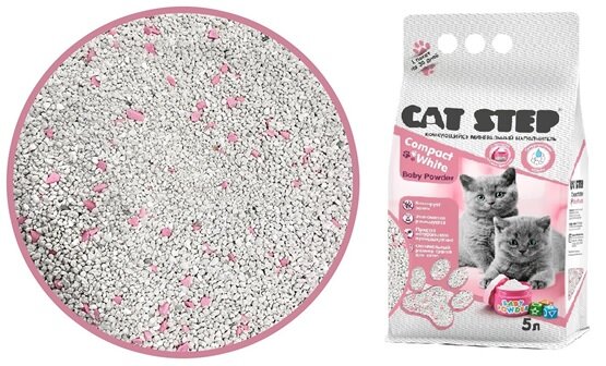 Бентонитовый наполнитель Cat Step Compact White Baby Powder дезодорирует лоток котенка тонким ароматом детской присыпки.